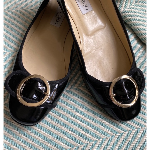 JIMMY CHOO Black Patent Leather Gold Buckle Flats - Picture 2 of 16